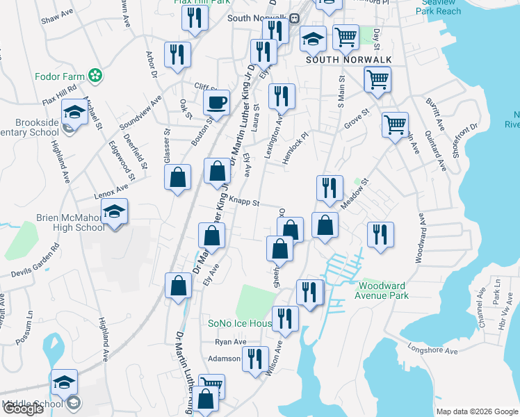 map of restaurants, bars, coffee shops, grocery stores, and more near 24 1/2 Knapp Street in Norwalk