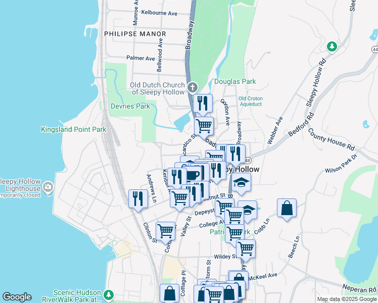 map of restaurants, bars, coffee shops, grocery stores, and more near 42 Howard Street in Sleepy Hollow