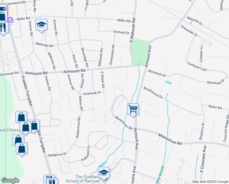 map of restaurants, bars, coffee shops, grocery stores, and more near 1498 Cornwall Road in Mahwah