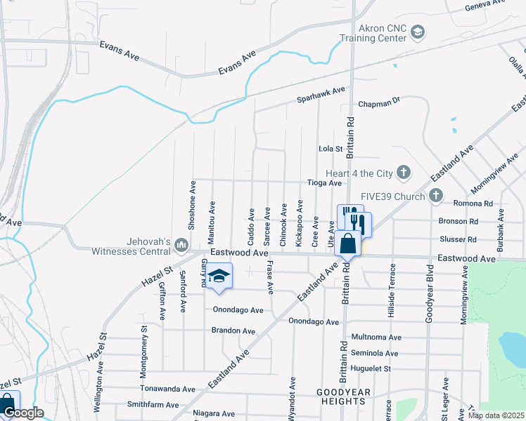 map of restaurants, bars, coffee shops, grocery stores, and more near 801 Caddo Avenue in Akron