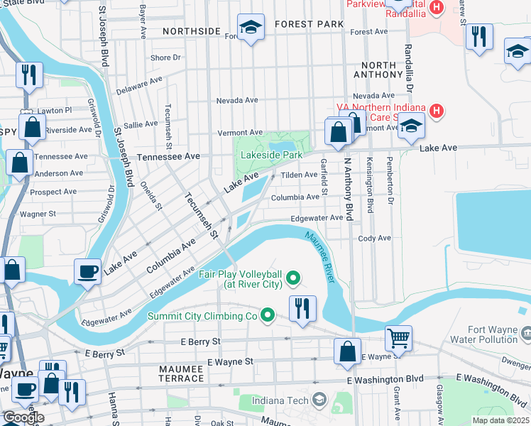 map of restaurants, bars, coffee shops, grocery stores, and more near 1419 Edgewater Avenue in Fort Wayne