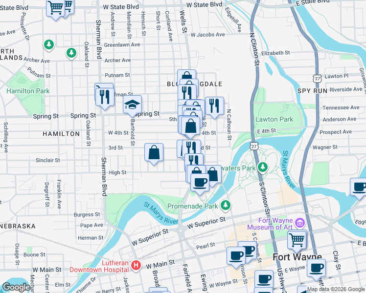 map of restaurants, bars, coffee shops, grocery stores, and more near 1321 North Wells Street in Fort Wayne