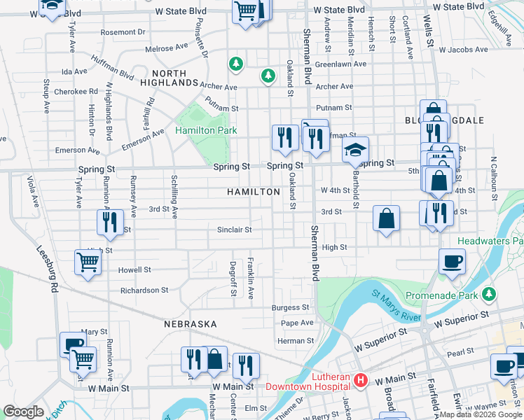 map of restaurants, bars, coffee shops, grocery stores, and more near 1117 3rd Street in Fort Wayne