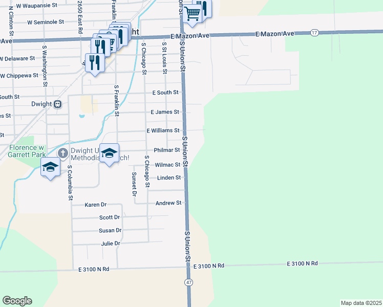 map of restaurants, bars, coffee shops, grocery stores, and more near 700 South Union Street in Dwight