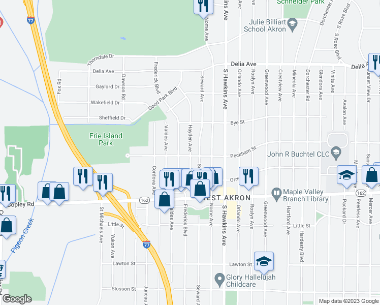 map of restaurants, bars, coffee shops, grocery stores, and more near 838 Hayden Avenue in Akron