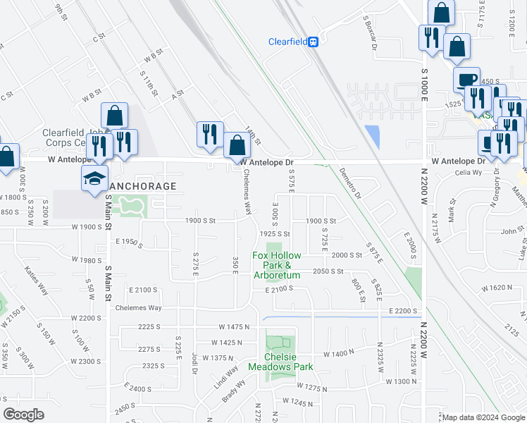 map of restaurants, bars, coffee shops, grocery stores, and more near 466 1900 South Street in Clearfield