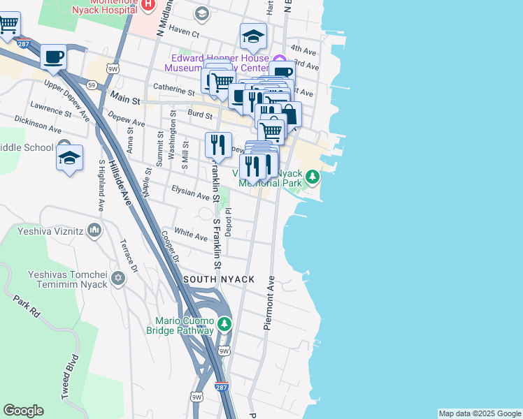 map of restaurants, bars, coffee shops, grocery stores, and more near 118 Piermont Avenue in Nyack