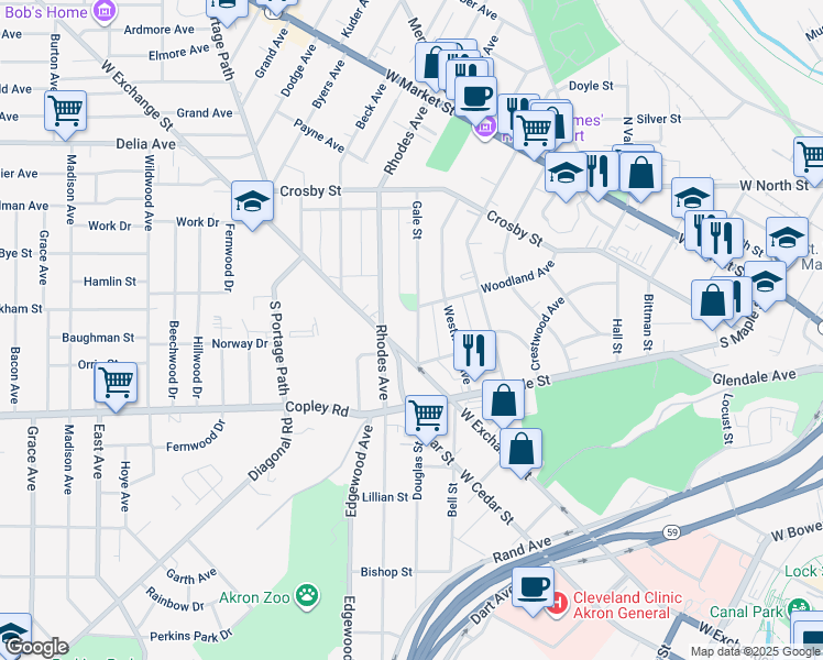 map of restaurants, bars, coffee shops, grocery stores, and more near 224 Gale Street in Akron