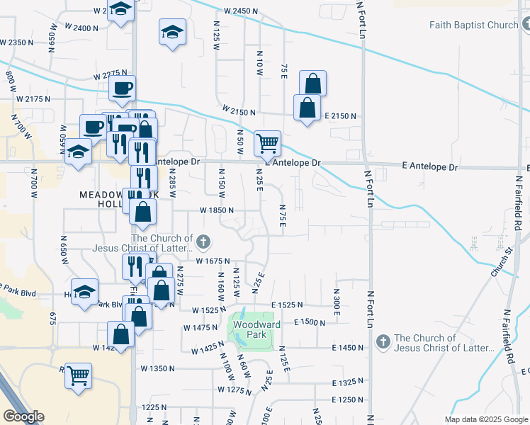 map of restaurants, bars, coffee shops, grocery stores, and more near 1848 North 25 East in Layton
