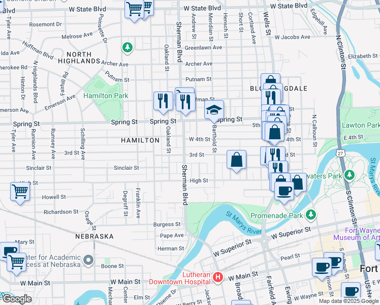 map of restaurants, bars, coffee shops, grocery stores, and more near 816 3rd Street in Fort Wayne