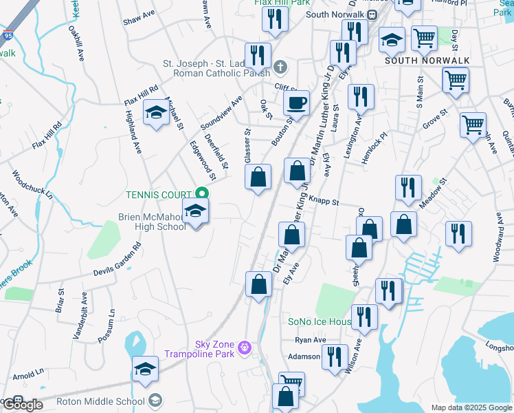 map of restaurants, bars, coffee shops, grocery stores, and more near 104 Bouton Street in Norwalk