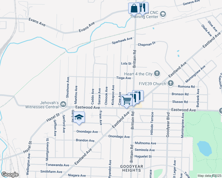 map of restaurants, bars, coffee shops, grocery stores, and more near 1365 Yuma Avenue in Akron