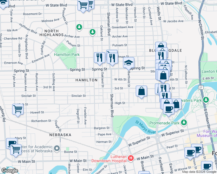 map of restaurants, bars, coffee shops, grocery stores, and more near 912 3rd Street in Fort Wayne