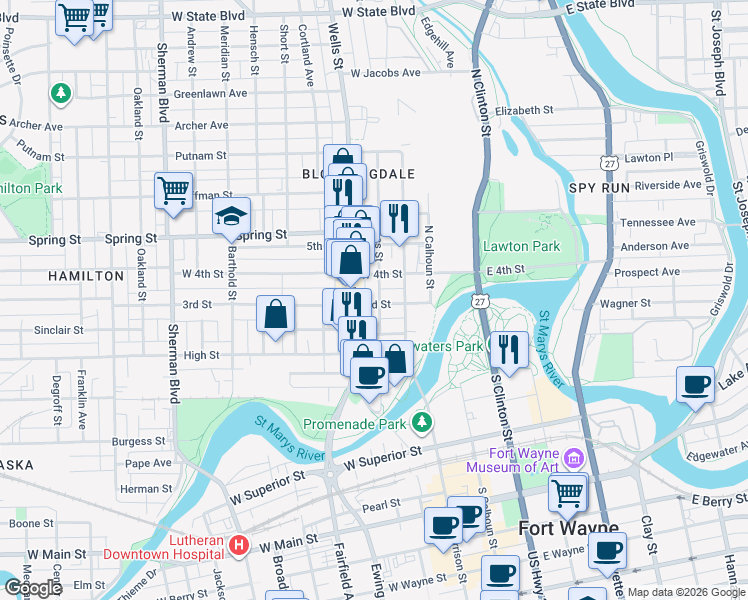map of restaurants, bars, coffee shops, grocery stores, and more near 1403 Cass Street in Fort Wayne