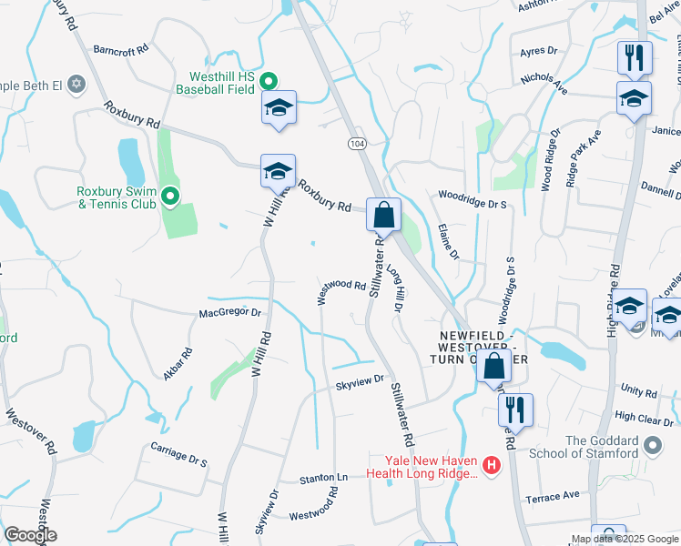 map of restaurants, bars, coffee shops, grocery stores, and more near 364 Westwood Road in Stamford