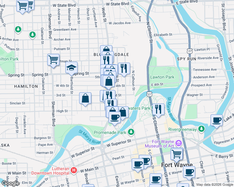 map of restaurants, bars, coffee shops, grocery stores, and more near 1329 Cass Street in Fort Wayne