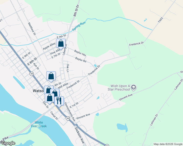map of restaurants, bars, coffee shops, grocery stores, and more near Fredericks Dr in Watsontown
