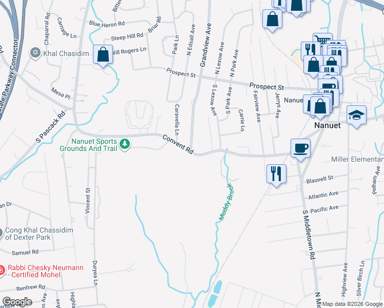 map of restaurants, bars, coffee shops, grocery stores, and more near 61 County Road 46 in Nanuet