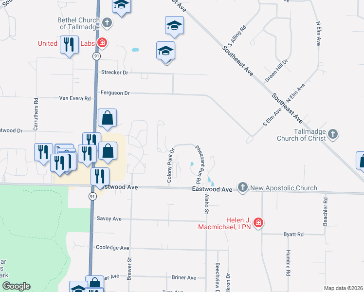 map of restaurants, bars, coffee shops, grocery stores, and more near 494-496 Pheasant Run Road in Tallmadge