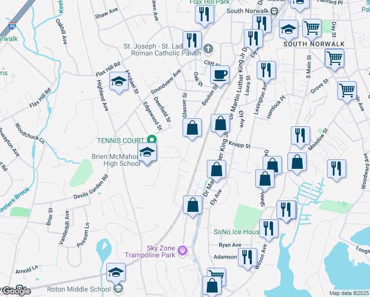 map of restaurants, bars, coffee shops, grocery stores, and more near 110 Bouton Street in Norwalk