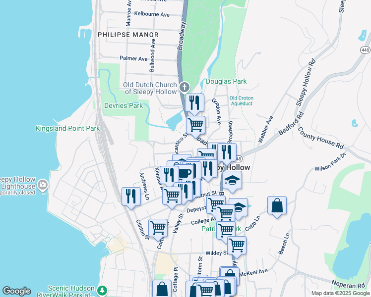 map of restaurants, bars, coffee shops, grocery stores, and more near 291 North Washington Street in Sleepy Hollow