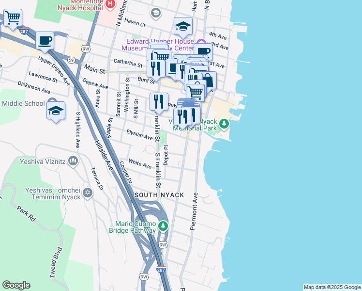 map of restaurants, bars, coffee shops, grocery stores, and more near 1 Division Avenue in Nyack