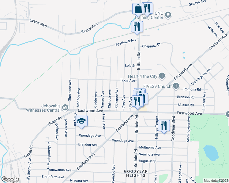 map of restaurants, bars, coffee shops, grocery stores, and more near 1365 Yuma Avenue in Akron