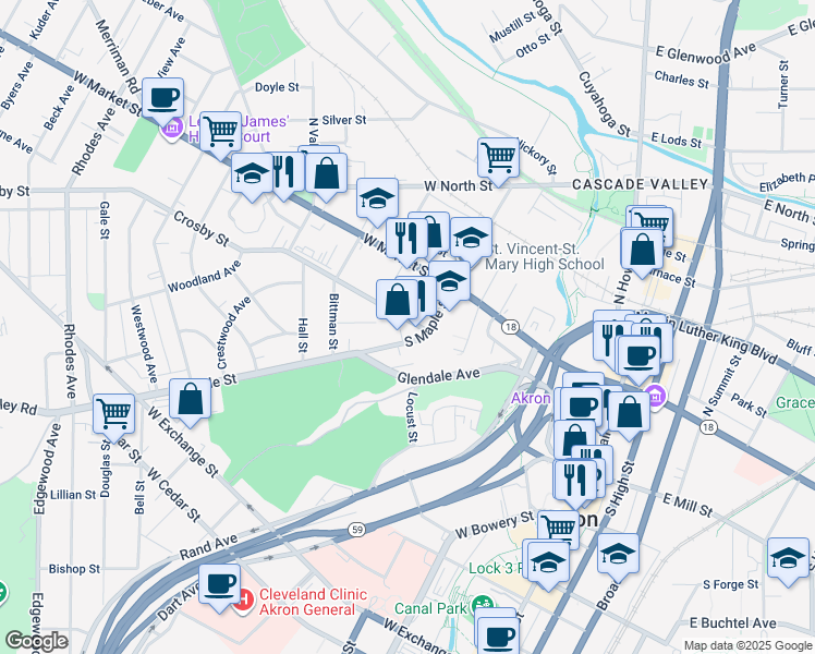 map of restaurants, bars, coffee shops, grocery stores, and more near 77 South Maple Street in Akron