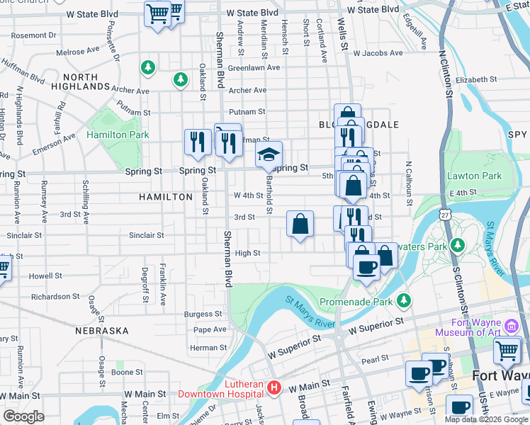 map of restaurants, bars, coffee shops, grocery stores, and more near 671 3rd Street in Fort Wayne