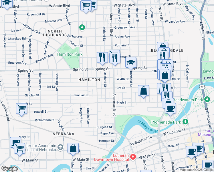 map of restaurants, bars, coffee shops, grocery stores, and more near in Fort Wayne
