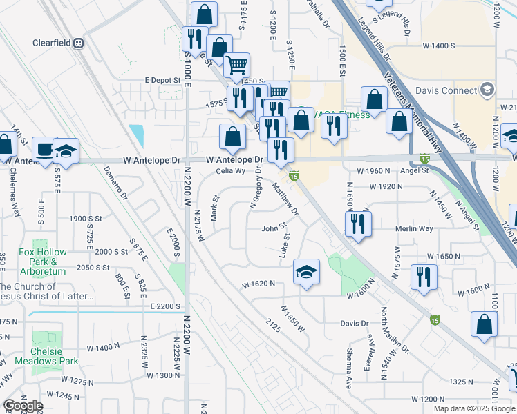 map of restaurants, bars, coffee shops, grocery stores, and more near 1954 West Ann Street in Layton