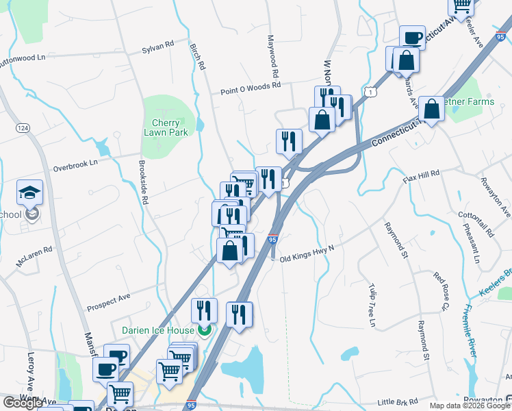 map of restaurants, bars, coffee shops, grocery stores, and more near 320 Post Road in Darien