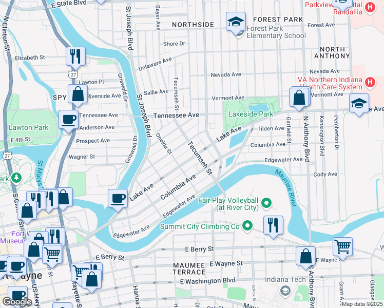 map of restaurants, bars, coffee shops, grocery stores, and more near 1135 Lake Avenue in Fort Wayne