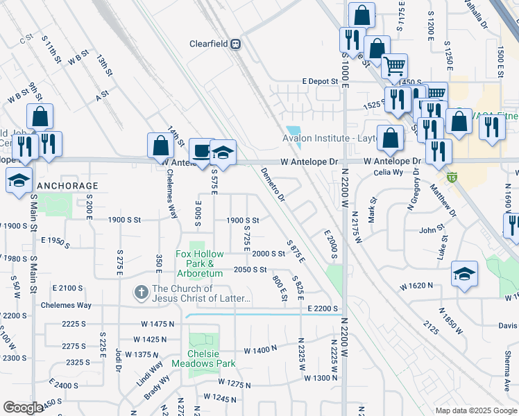 map of restaurants, bars, coffee shops, grocery stores, and more near 1850 South 875 East in Clearfield