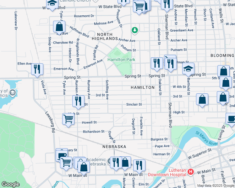 map of restaurants, bars, coffee shops, grocery stores, and more near 1422 3rd Street in Fort Wayne