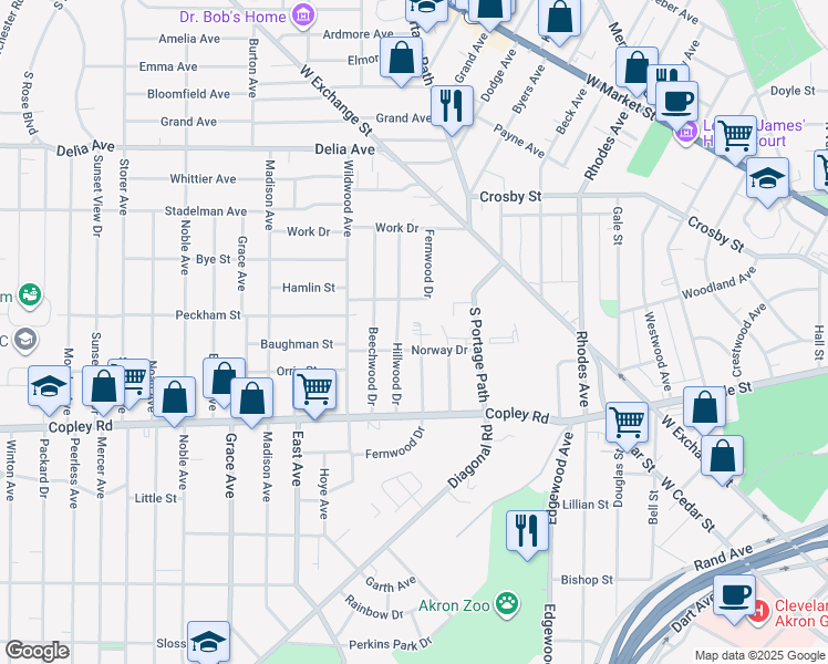 map of restaurants, bars, coffee shops, grocery stores, and more near 3 Fernwood Drive in Akron