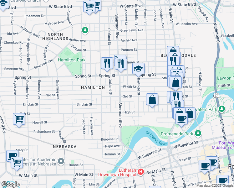 map of restaurants, bars, coffee shops, grocery stores, and more near 901 3rd Street in Fort Wayne