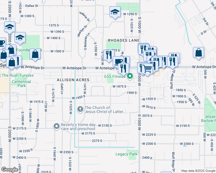 map of restaurants, bars, coffee shops, grocery stores, and more near 1876 South 1230 West in Syracuse