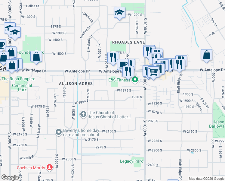 map of restaurants, bars, coffee shops, grocery stores, and more near 1876 South 1230 West in Syracuse