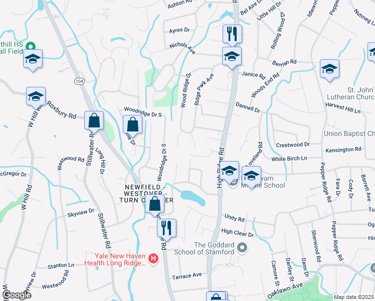 map of restaurants, bars, coffee shops, grocery stores, and more near 44 Brook Run Lane in Stamford