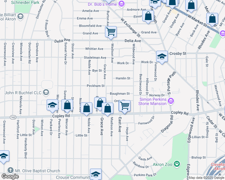 map of restaurants, bars, coffee shops, grocery stores, and more near 944 Baughman Street in Akron