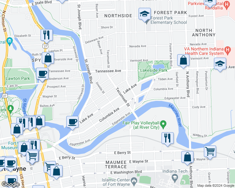 map of restaurants, bars, coffee shops, grocery stores, and more near 1119 Lake Avenue in Fort Wayne