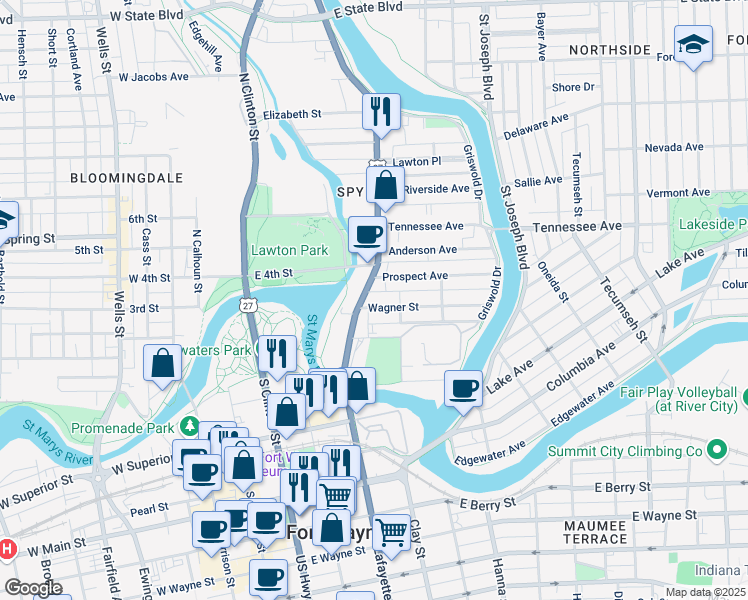 map of restaurants, bars, coffee shops, grocery stores, and more near 534 Wagner Street in Fort Wayne