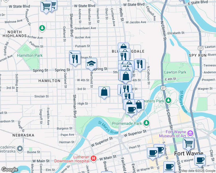 map of restaurants, bars, coffee shops, grocery stores, and more near 621 3rd Street in Fort Wayne