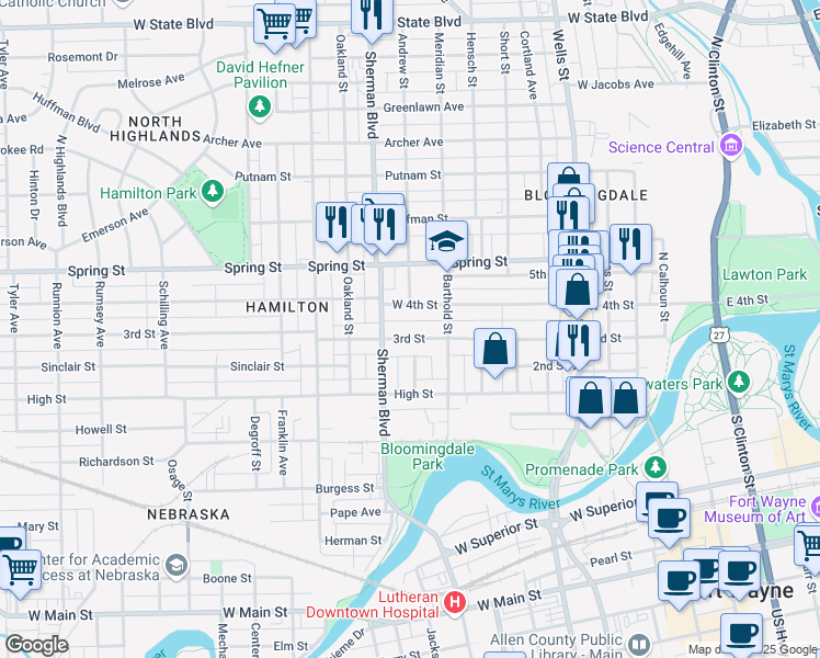 map of restaurants, bars, coffee shops, grocery stores, and more near 733 3rd Street in Fort Wayne