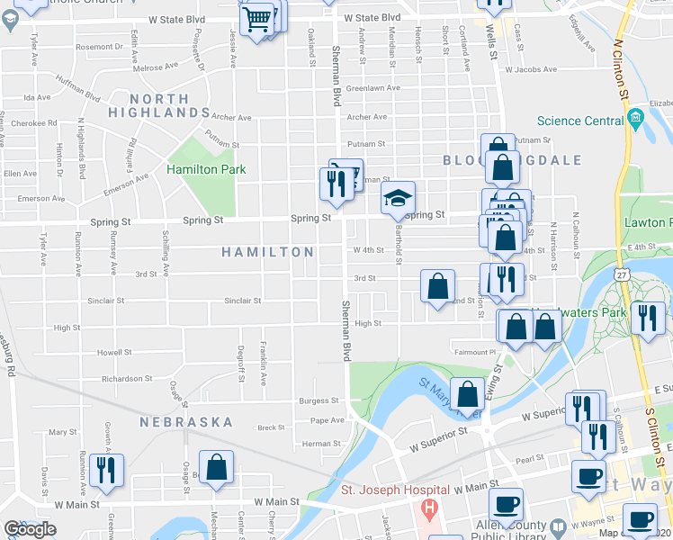 map of restaurants, bars, coffee shops, grocery stores, and more near 901 3rd Street in Fort Wayne
