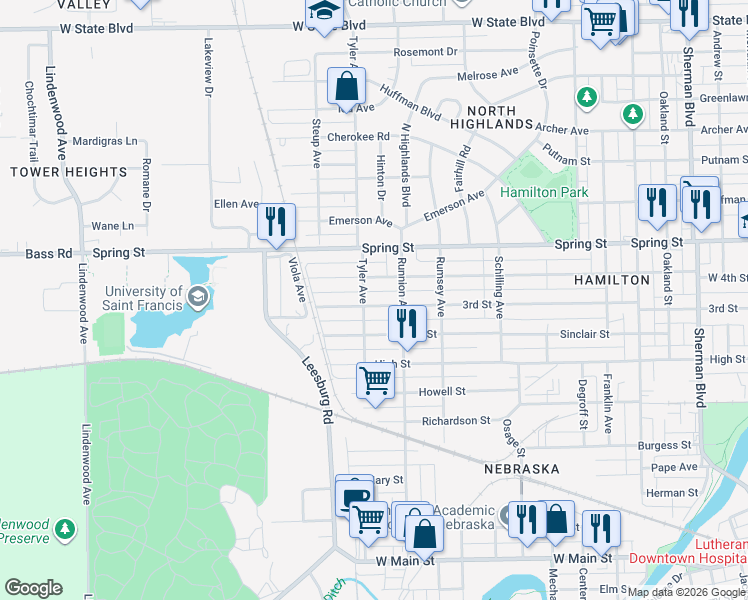 map of restaurants, bars, coffee shops, grocery stores, and more near 1825 3rd Street in Fort Wayne