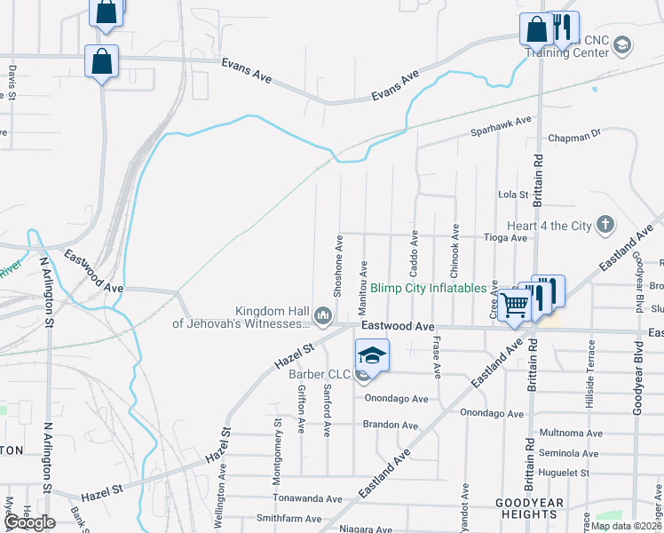 map of restaurants, bars, coffee shops, grocery stores, and more near 820 Shoshone Avenue in Akron