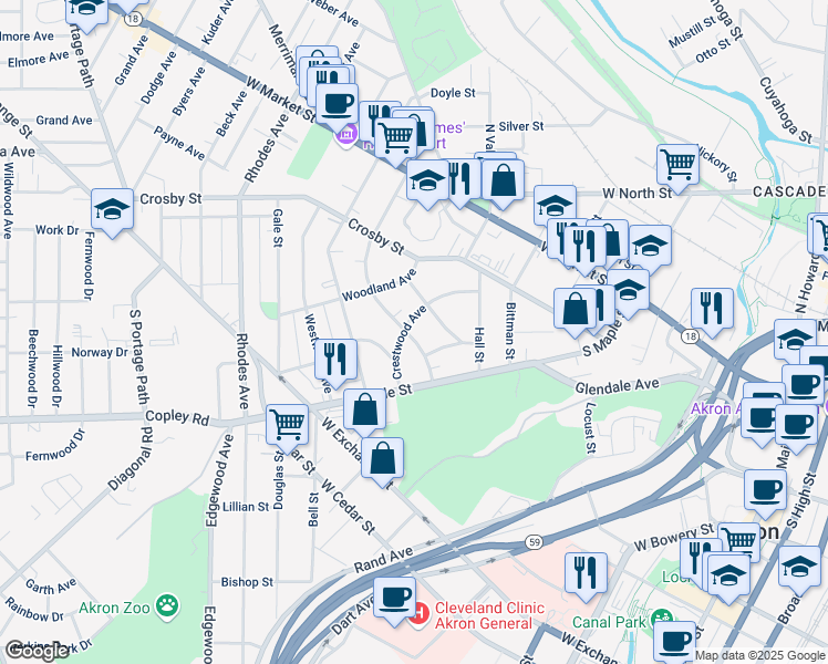 map of restaurants, bars, coffee shops, grocery stores, and more near 205 Oakdale Avenue in Akron