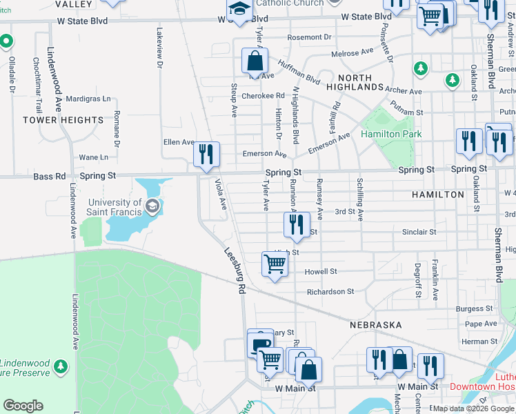 map of restaurants, bars, coffee shops, grocery stores, and more near 1917 3rd Street in Fort Wayne